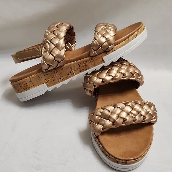 Tahari Gold Open Toe Rope Velcro Closure Cork Heel Summer sandals (girls size 3)